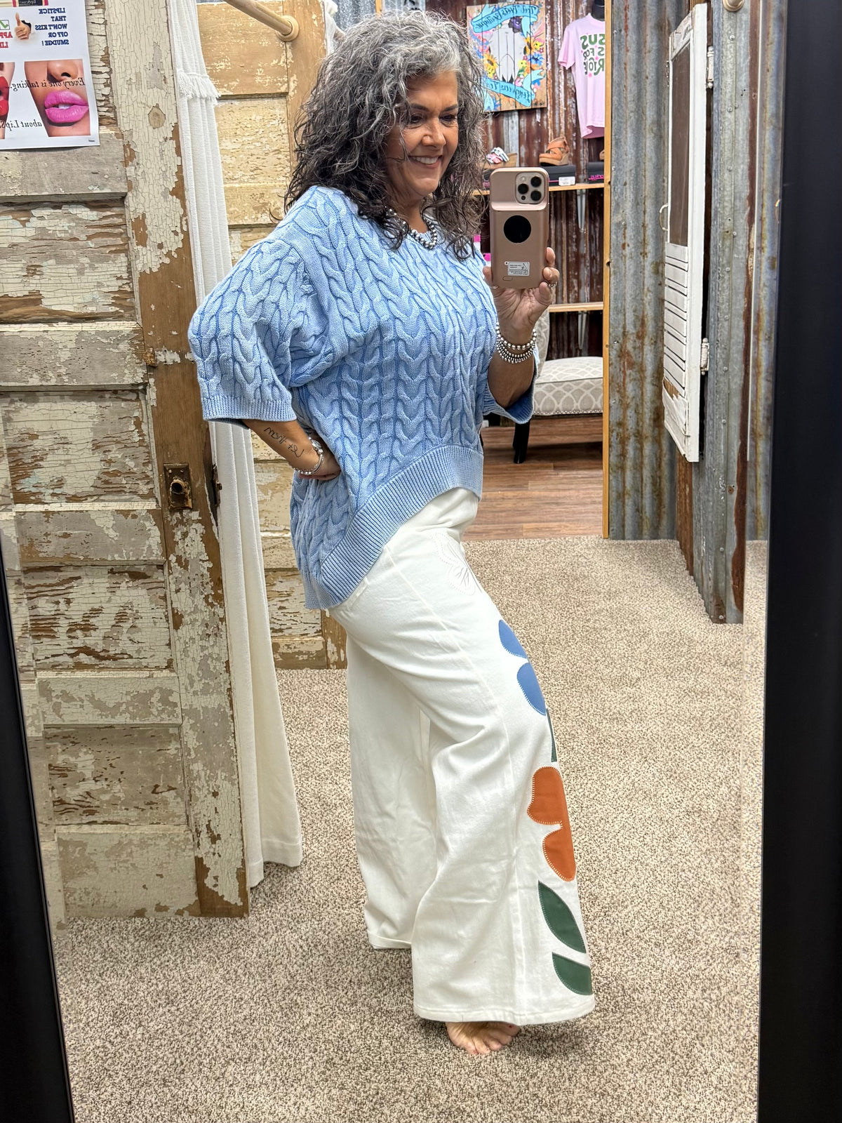 WASHED CABLE HALF SLEEVE ROUND HEM KNIT TOP: VINTAGE DENIM