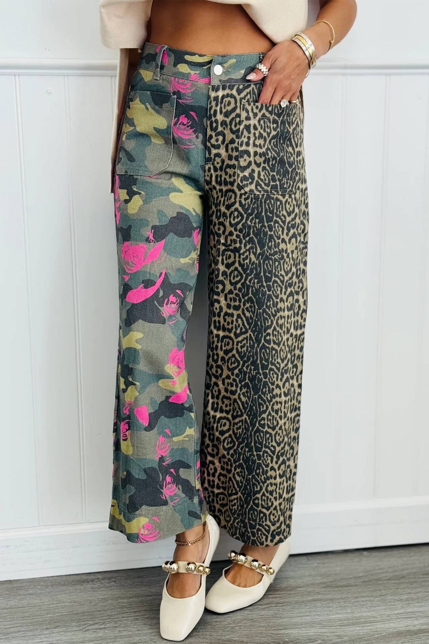 Camo Leopard Patchwork Straight Leg Jeans