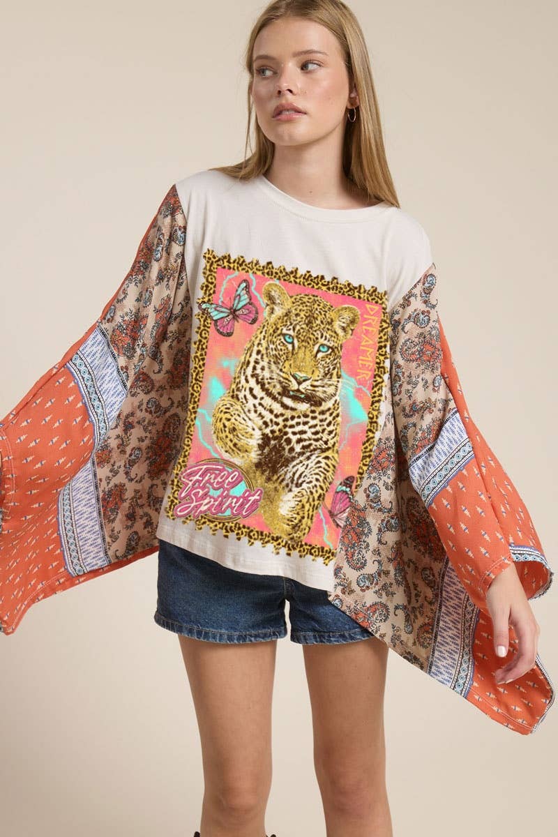 Free Spirit Dreamer Leopard Graphic Sheer Sleeves Kaftan White/Rust Top