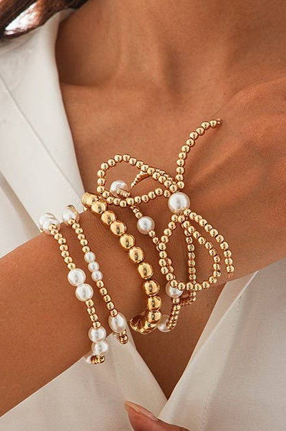 MULTI LAYER BALL CHAIN BEAD PEARL BOW BRACELET | 40B5135: Gold