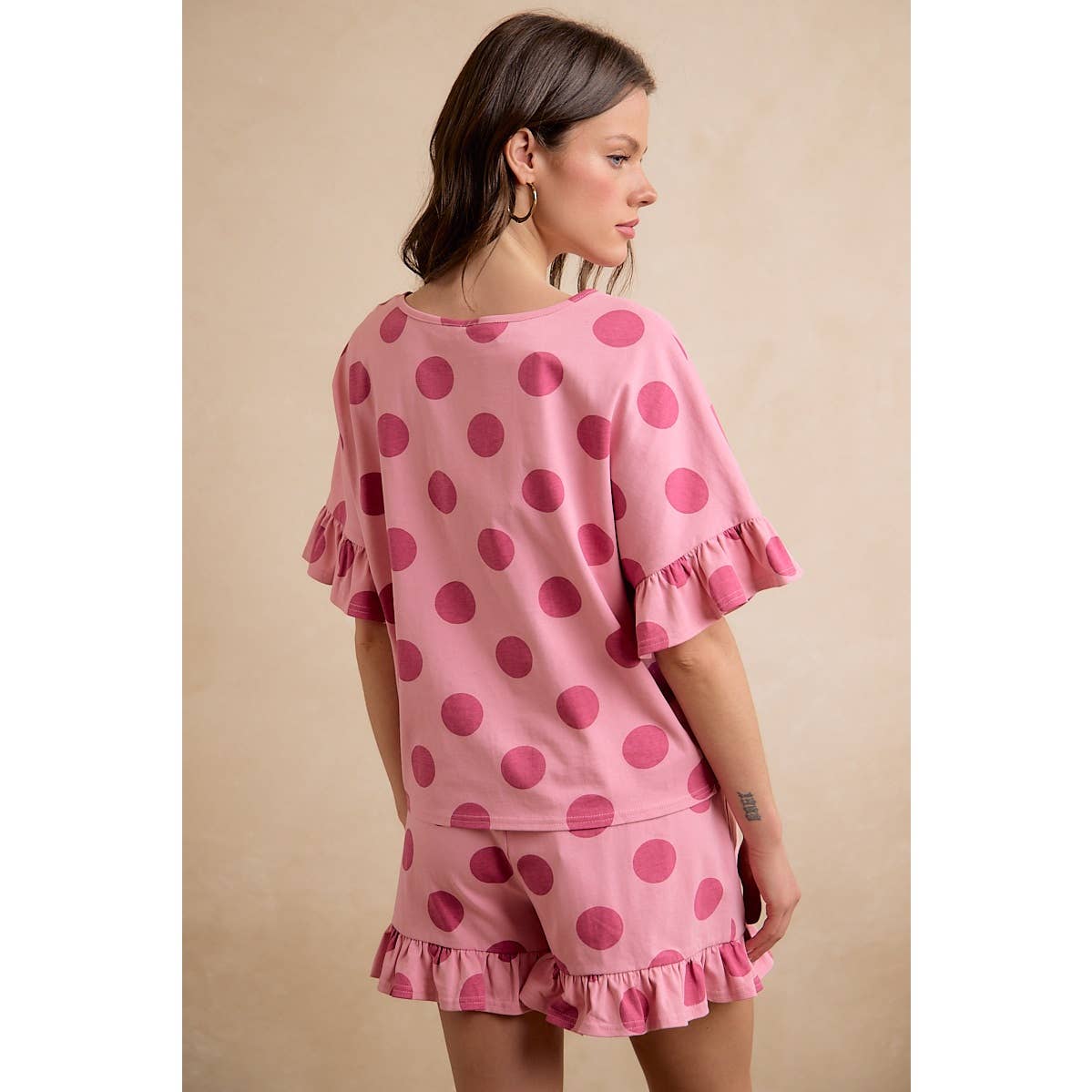 POLKA DOTS PRINTED RUFFLED DETAIL TOP AND SHORTS SET: BLUSH/PINK