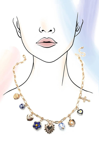 BLUE CERAMIC PORCELAIN HEART CROSS CHARM NECKLACE | 80N91624: GOLD