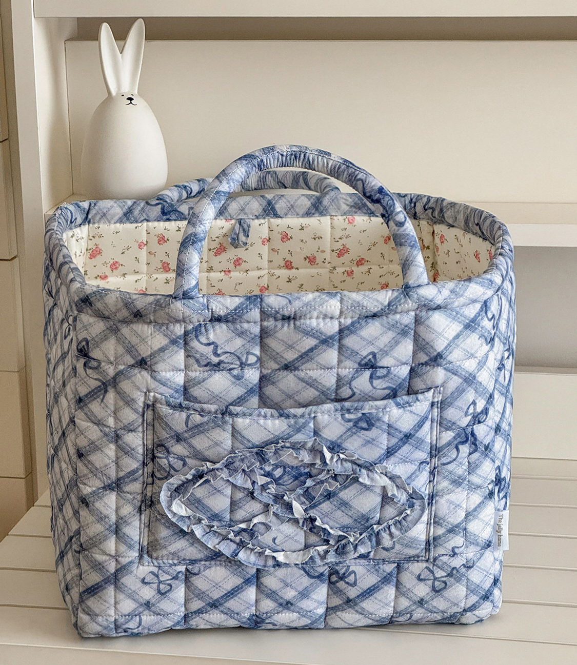 Blue Plaid Quilted Storage Basket Boho Organizer Tote
