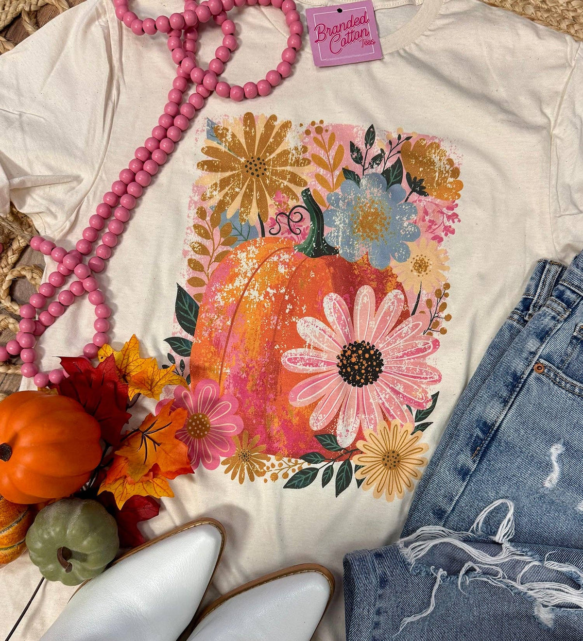 Branded Cotton Watercolor Floral Fall Pumpkin Graphic Tee