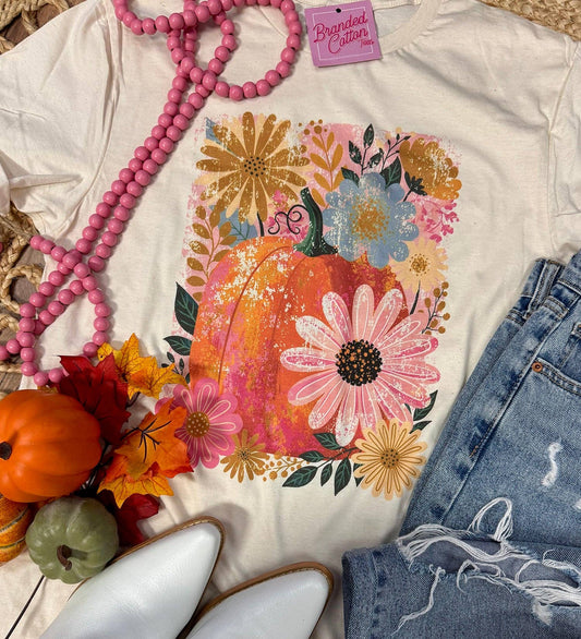 Branded Cotton Watercolor Floral Fall Pumpkin Graphic Tee