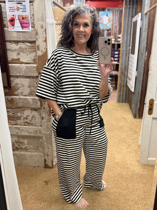 Ivory/Black Striped Knit Lounge Set