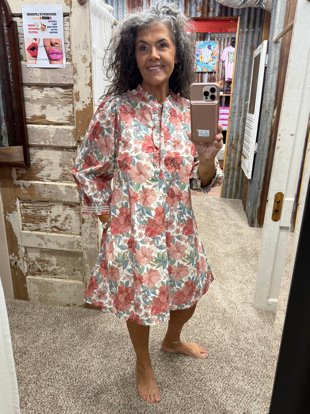UMGEE Rust Mix Floral Print Smocked Cuff Mini Dress