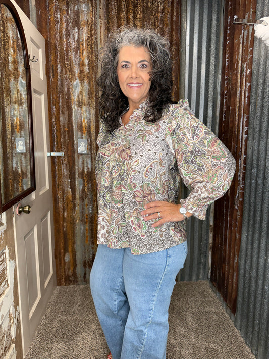 UMGEE Mushroom Mix Print Ruffle Detail Blouse