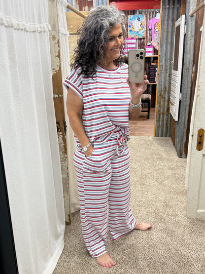4th of July Americana Ribbed Striped Lounge Set: RED/BLUE/WHITE
