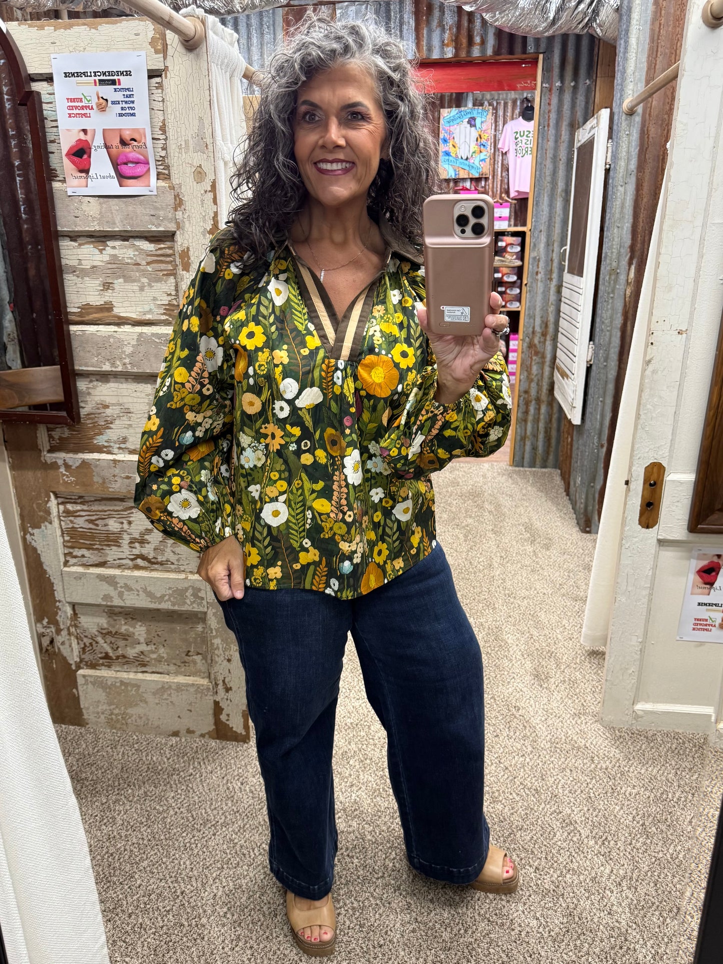 UMGEE Olive Floral Print Contrast Collar Long Sleeve Blouse