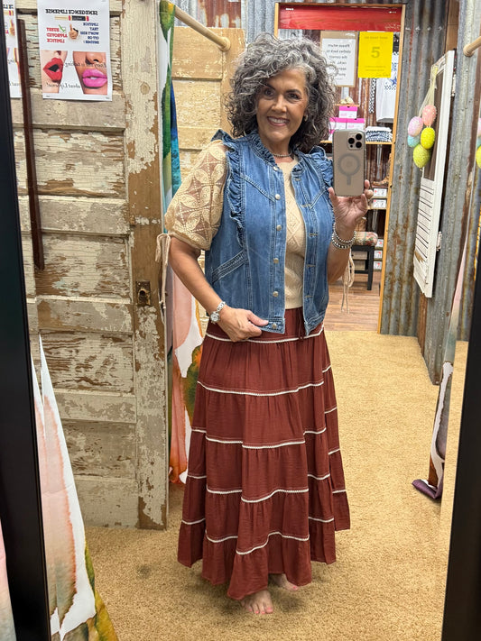 Crochet Trim Tiered Bohemian Maxi Skirt
