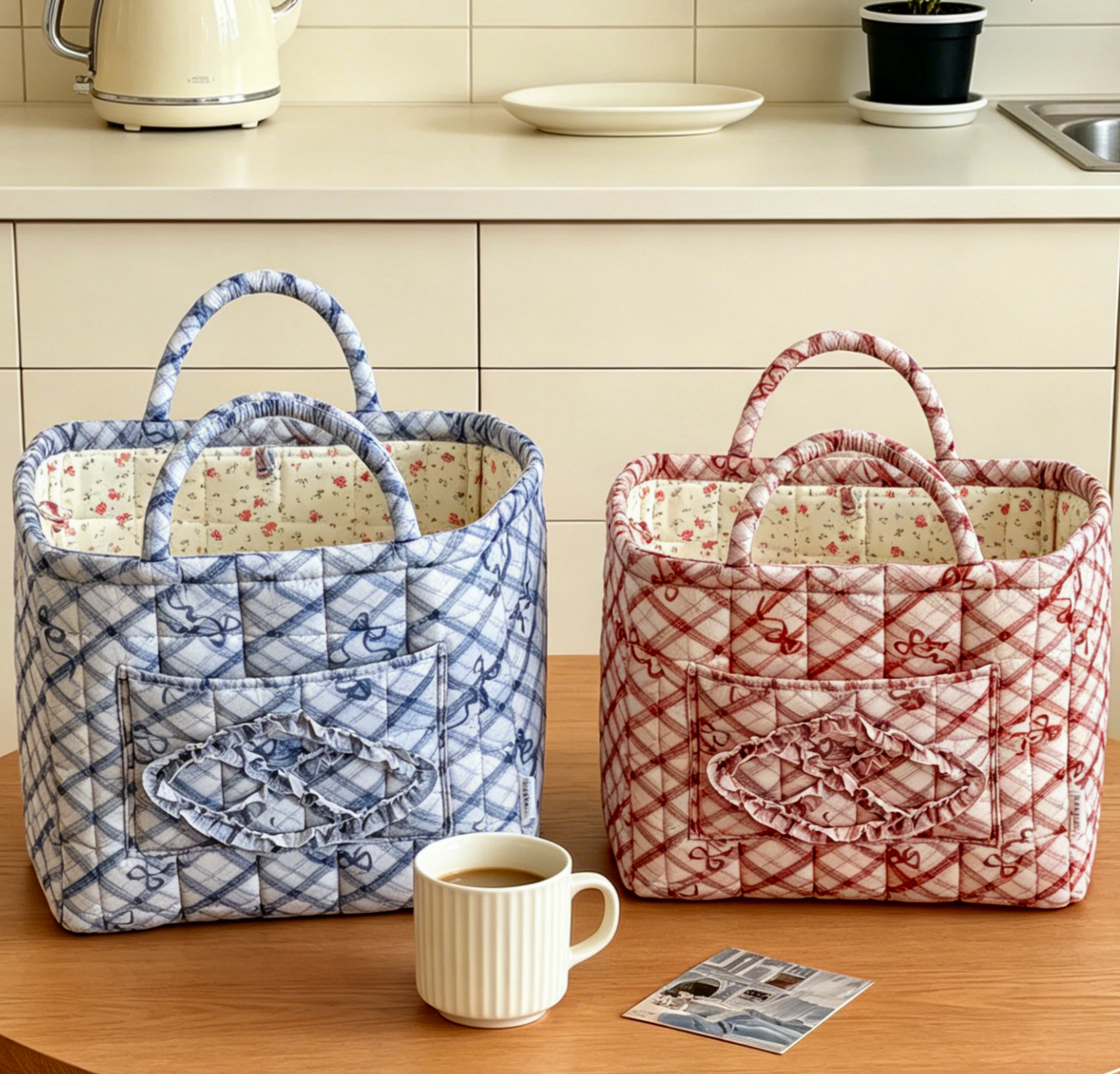 Red Quilted Storage Basket Boho Organizer Tote