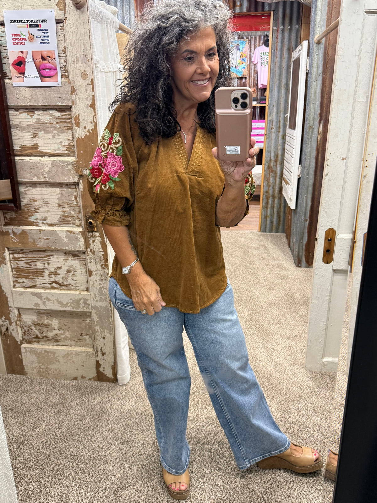 UMGEE Camel Embroidered Sleeve Corduroy Blouse