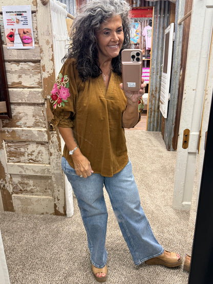 UMGEE Camel Embroidered Sleeve Corduroy Blouse