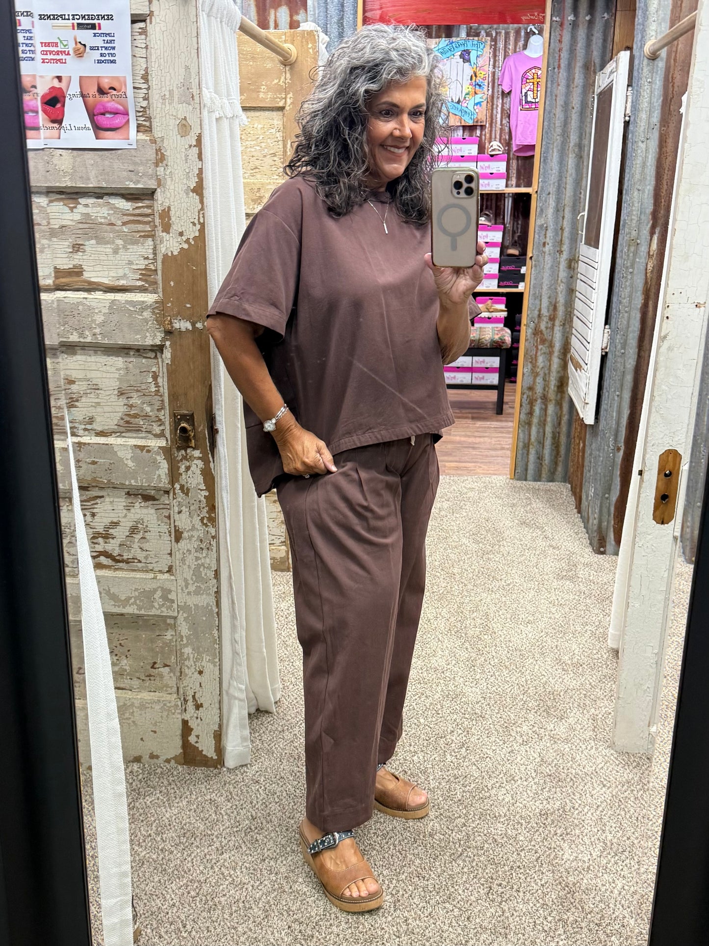 BROWN RELAXED FIT TOP AND WIDE LEG CROPPED PANTS SET