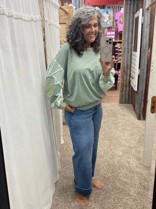 Dusty Sage Lace Mixed Striped Cotton Pullover