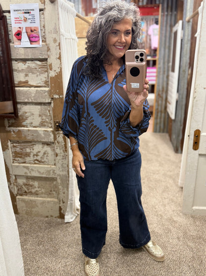 UMGEE Slate Blue Abstract Leaf Print V-Neck Balloon Sleeve Blouse