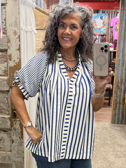 UMGEE Blue Striped V-Neck Top
