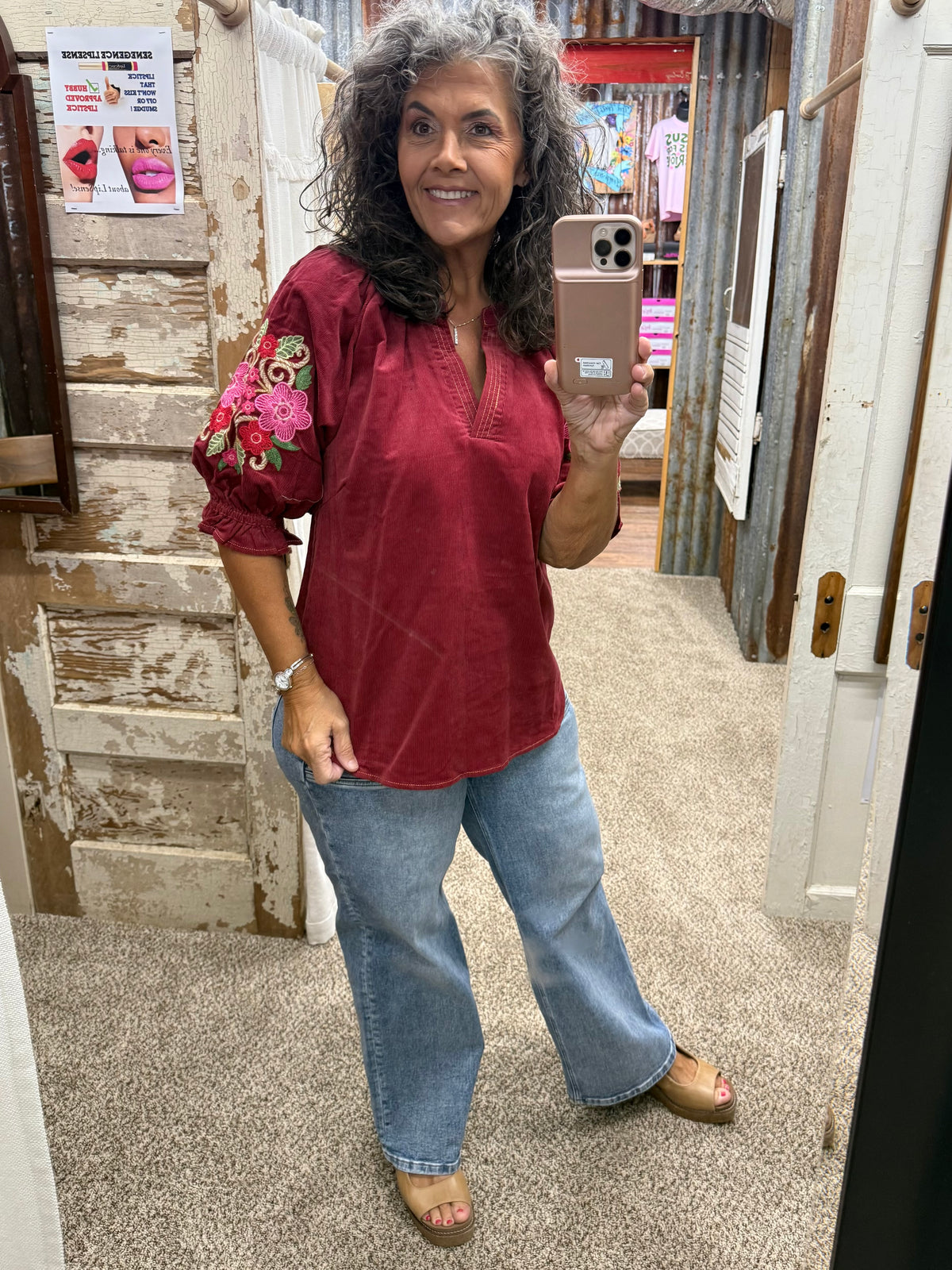 UMGEE Berry Embroidered Sleeve Corduroy Blouse
