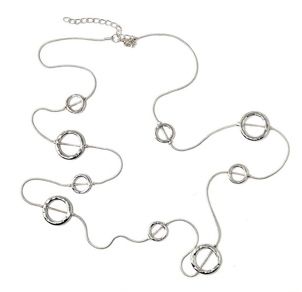 Hammered Long Multi Ring Single Strand Silver Necklace