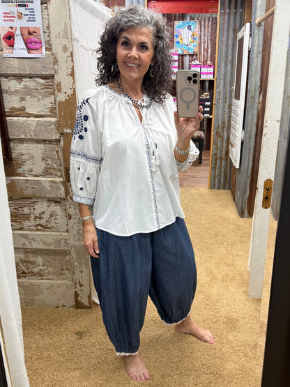 EASEL DARK WASH LACE HEM DETAILING WASHED DENIM PANTS