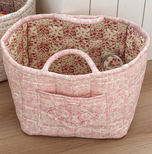Pink Quilted Floral Laundry Basket Boho Storage basket