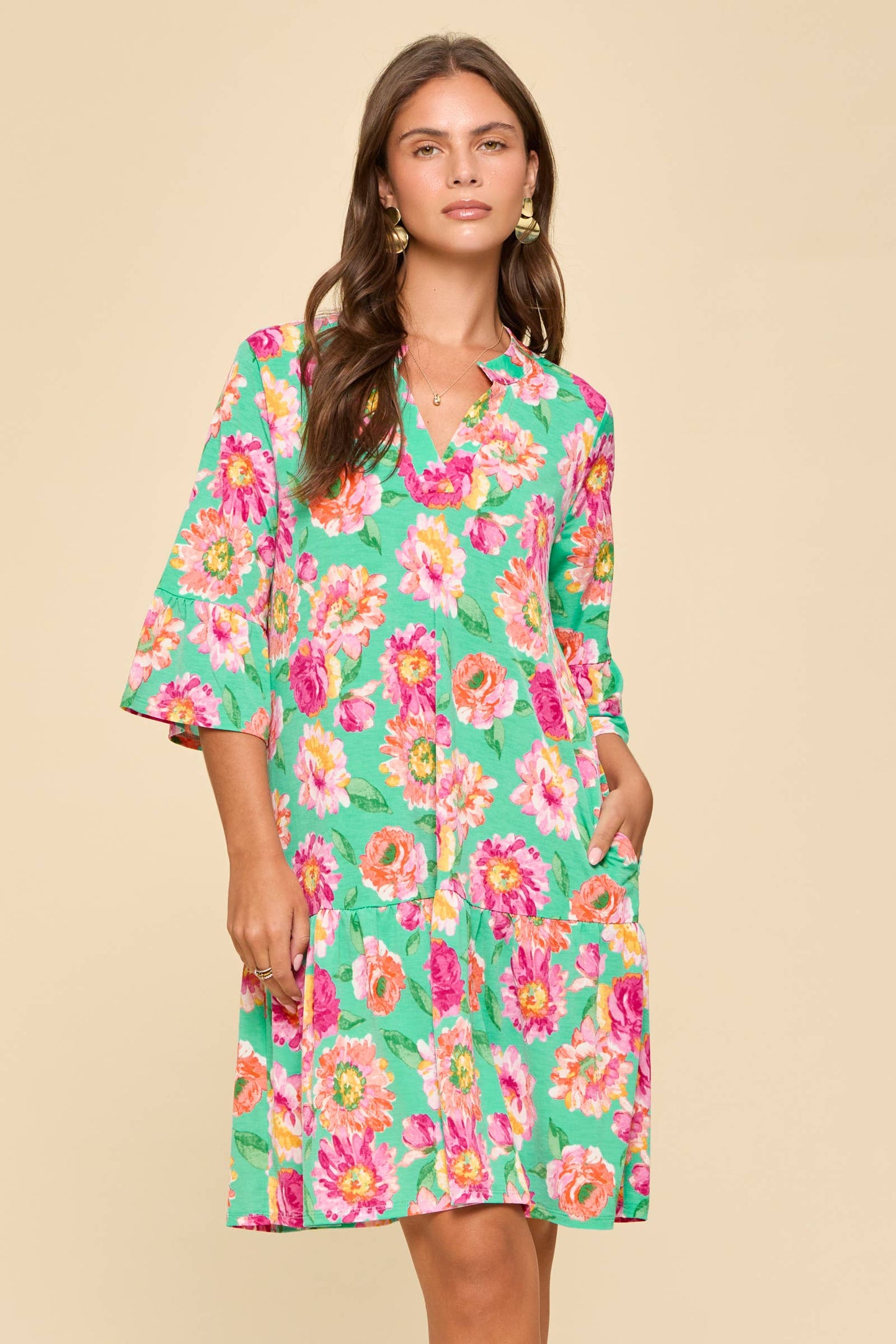 Floral Print Shirred Tiered 3/4 Sleeve Dress: MINT