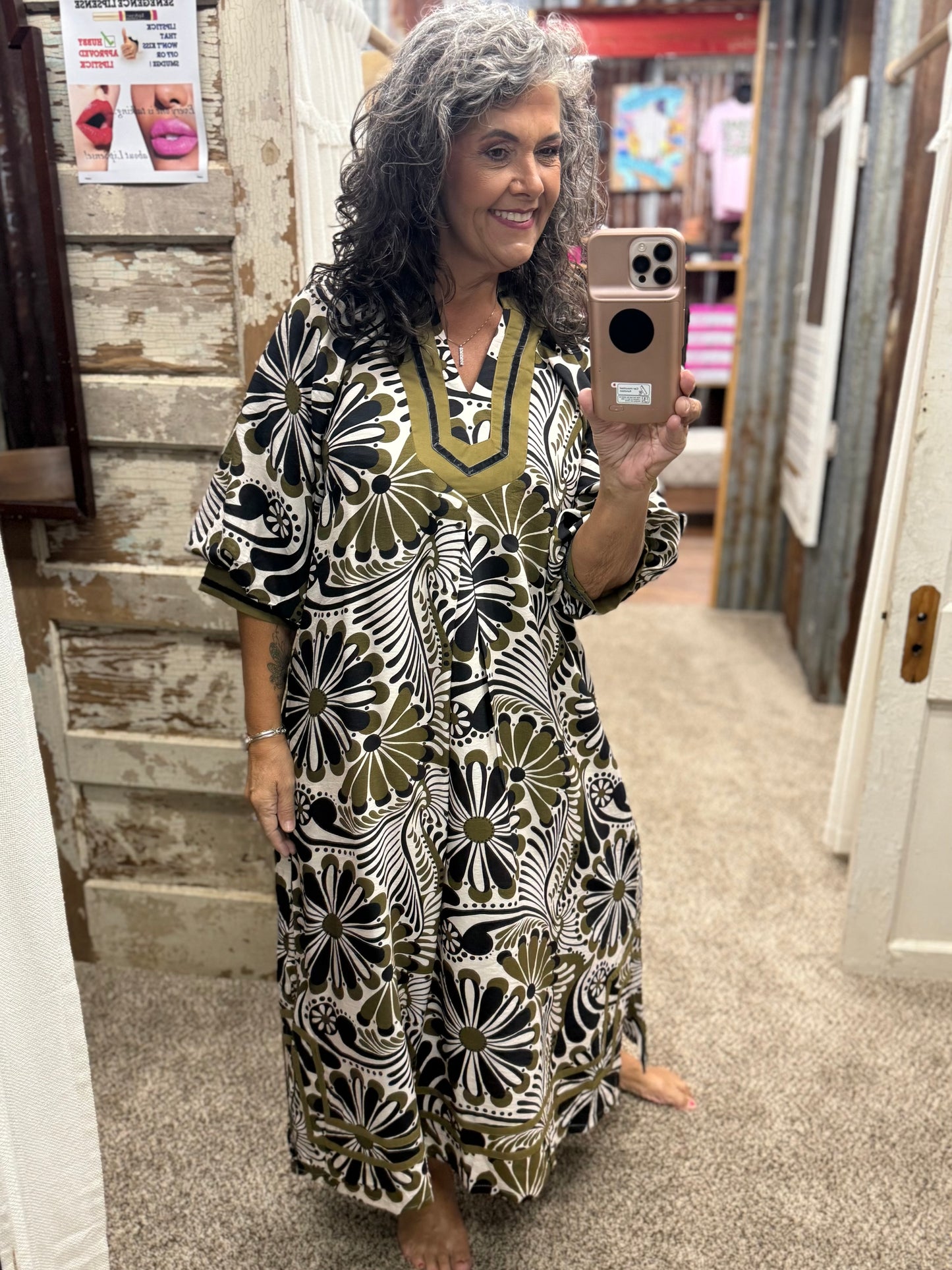 Umgee Olive Mix Abstract Print Midi Dress