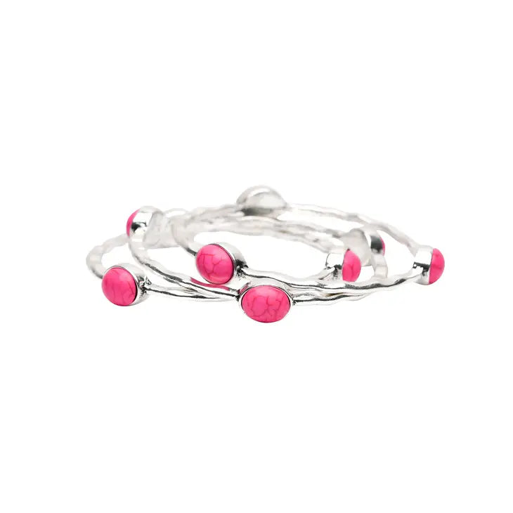 Set of 3 Burnished Silver Bangles with Pink Oval Stones