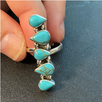 Boho Sol Sterling Silver Long Mini Turquoise Teardrop Adjustable Ring T555-XS