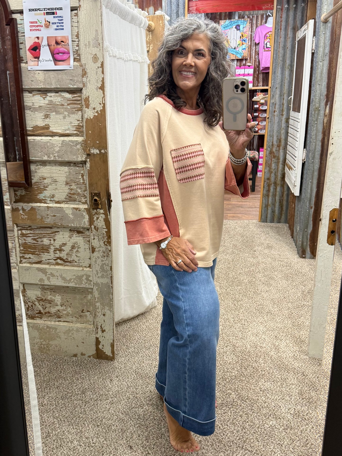 Latte ETHNIC PRINT MIX WASHED TERRY BOXY TOP