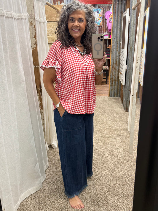 UMGEE Denim Frayed Hem Cropped Wide Leg Pants