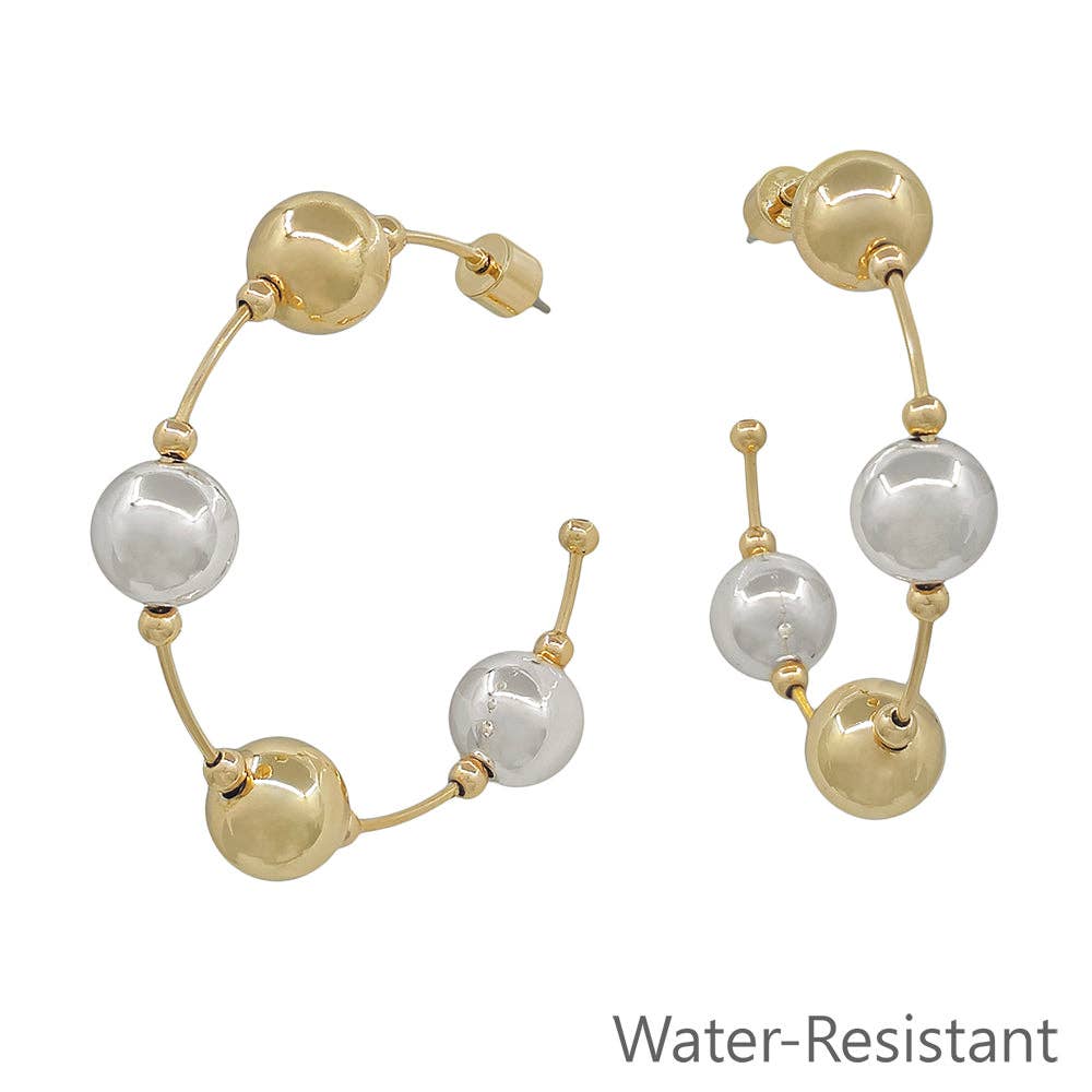 Water Resistant 2" 10MM Beaded Silver and Gold Hoop Earring