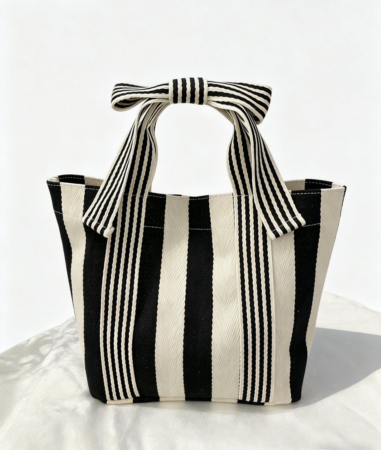 Black Mini Striped Tote Bag Beach Bow Handle Bag