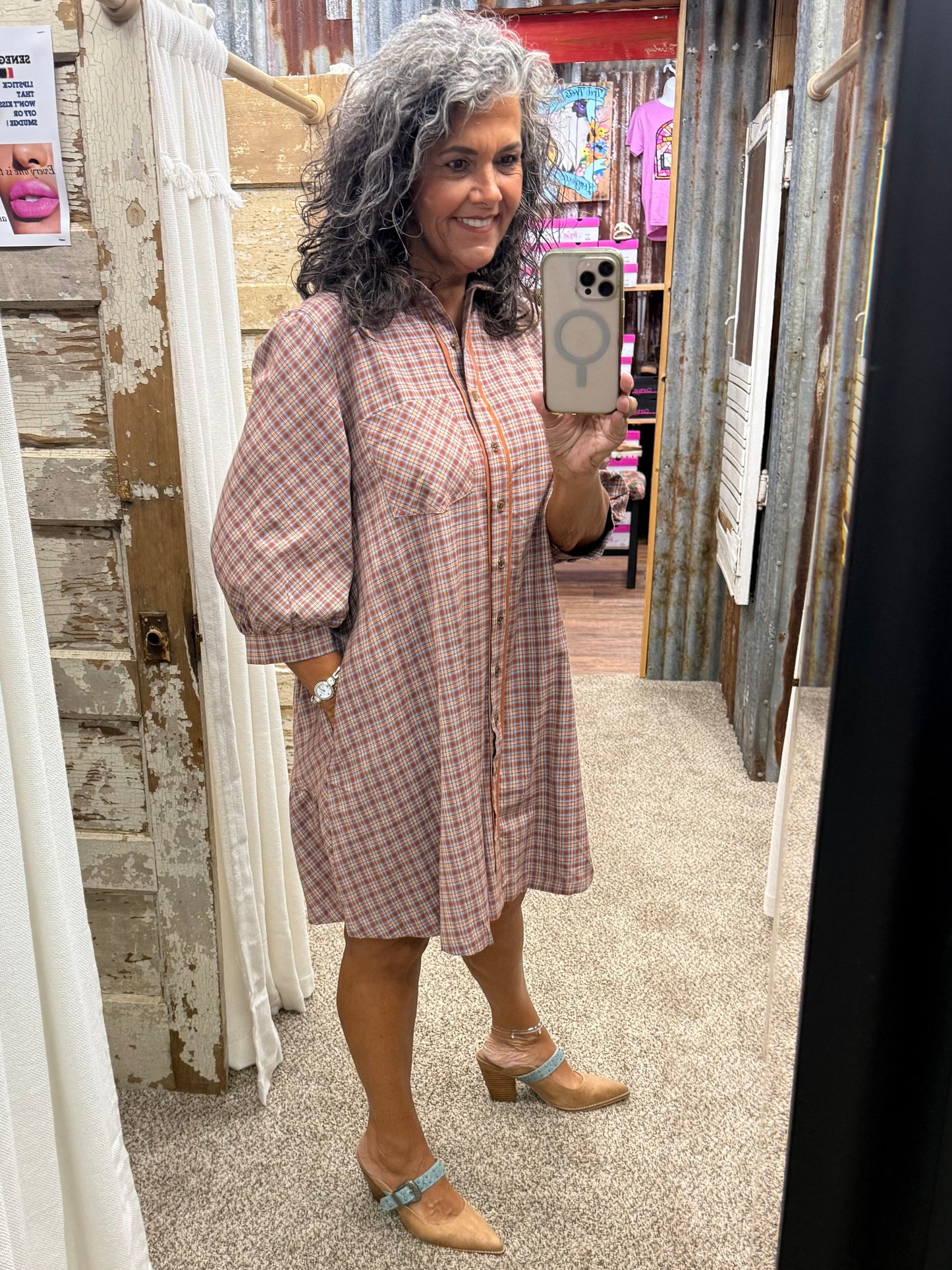UMGEE Rust Plaid Button Down Oversized Shirt Dress
