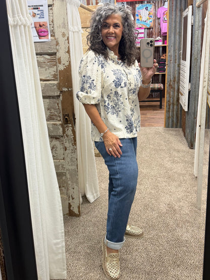 UMGEE Navy Floral Embroidered Blouse with Ruffle Trim