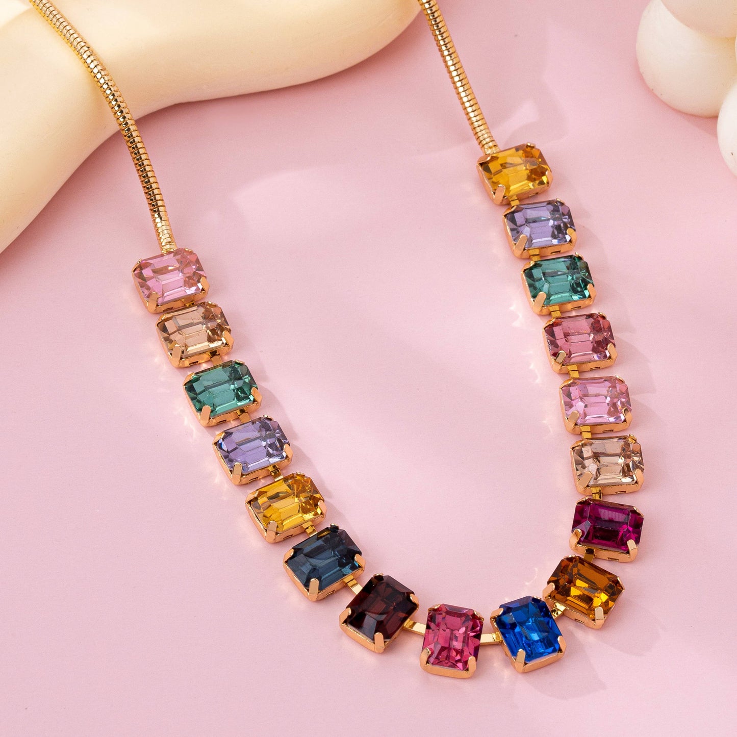 Rainbow Emerald-Cut Gemstone Statement Necklace | 80N92825: Gold