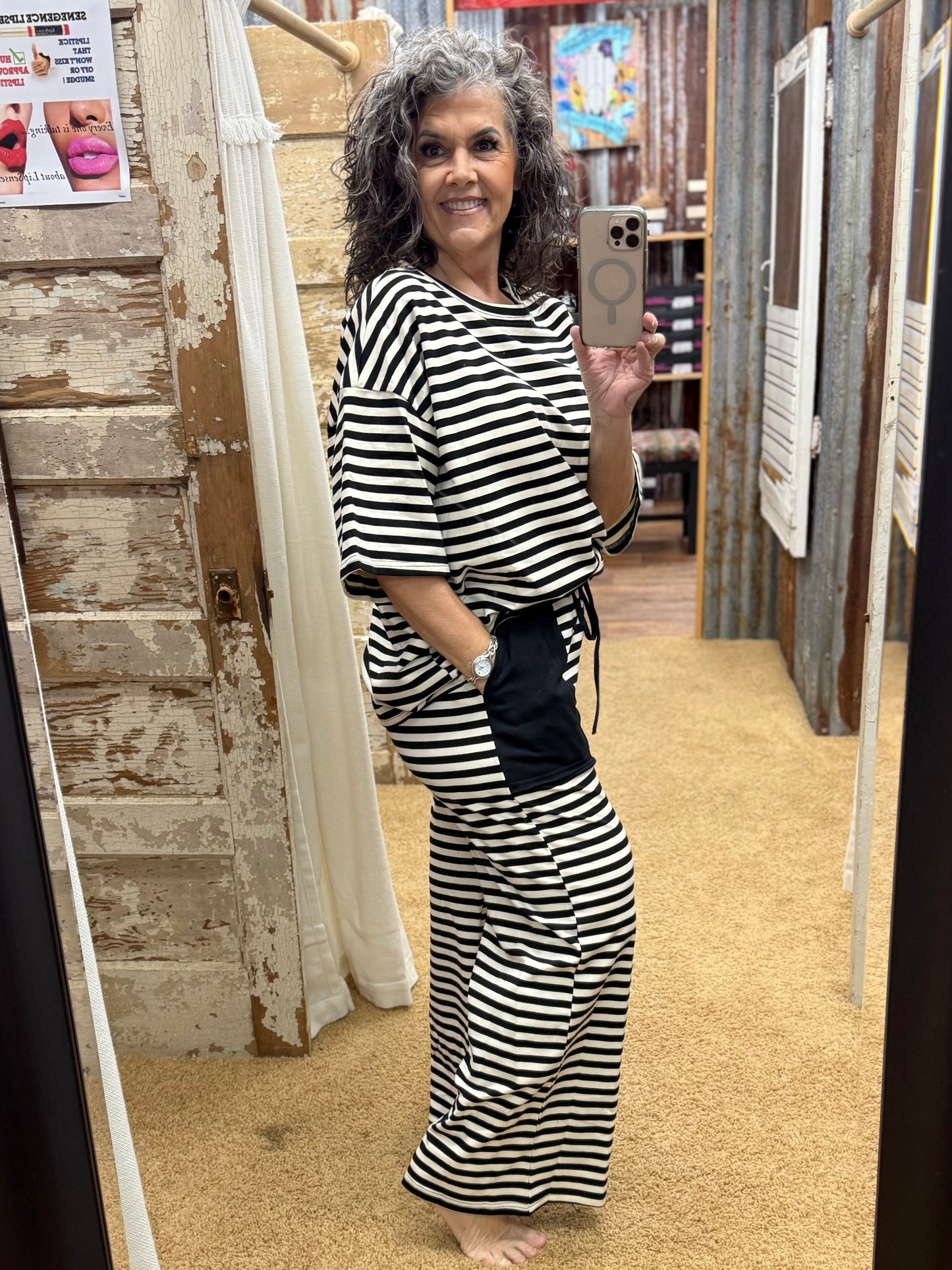Ivory/Black Striped Knit Lounge Set