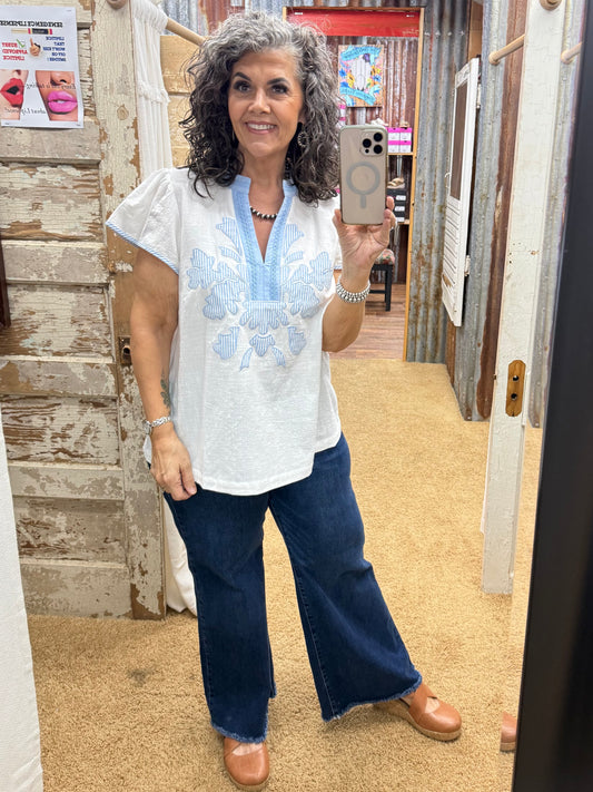 UMGEE Abstract Applique Split Neck Top