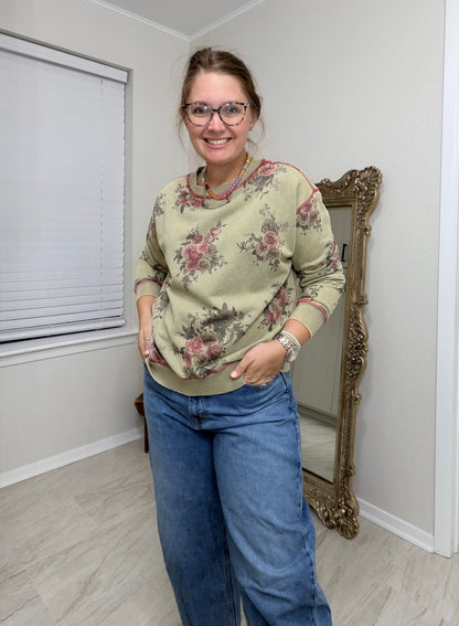 Green Olive Washed Pullover Sweatshirt by Easel