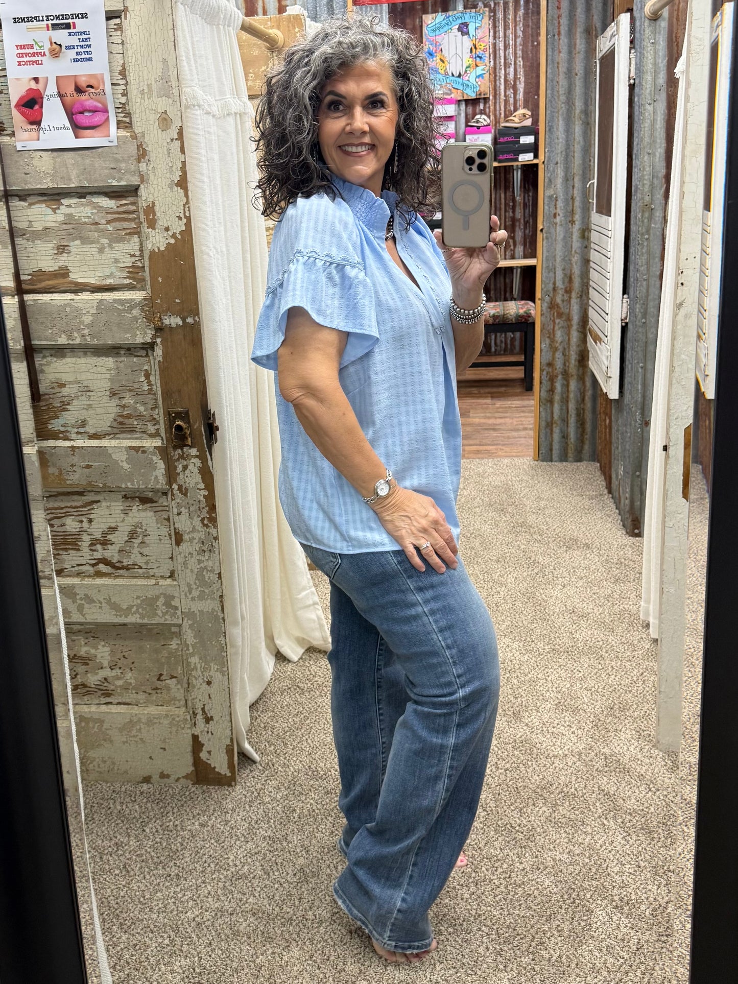 UMGEE Ice Blue Trim Puff Sleeve Top