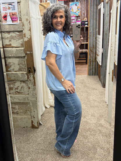 UMGEE Ice Blue Trim Puff Sleeve Top