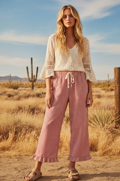 Red Checkered Woven Wide Leg Ruffle Hem Pants