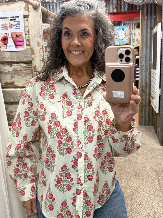 BIBI FLORAL PRINTED BUTTON DOWN CREAM/RED SHIRTS