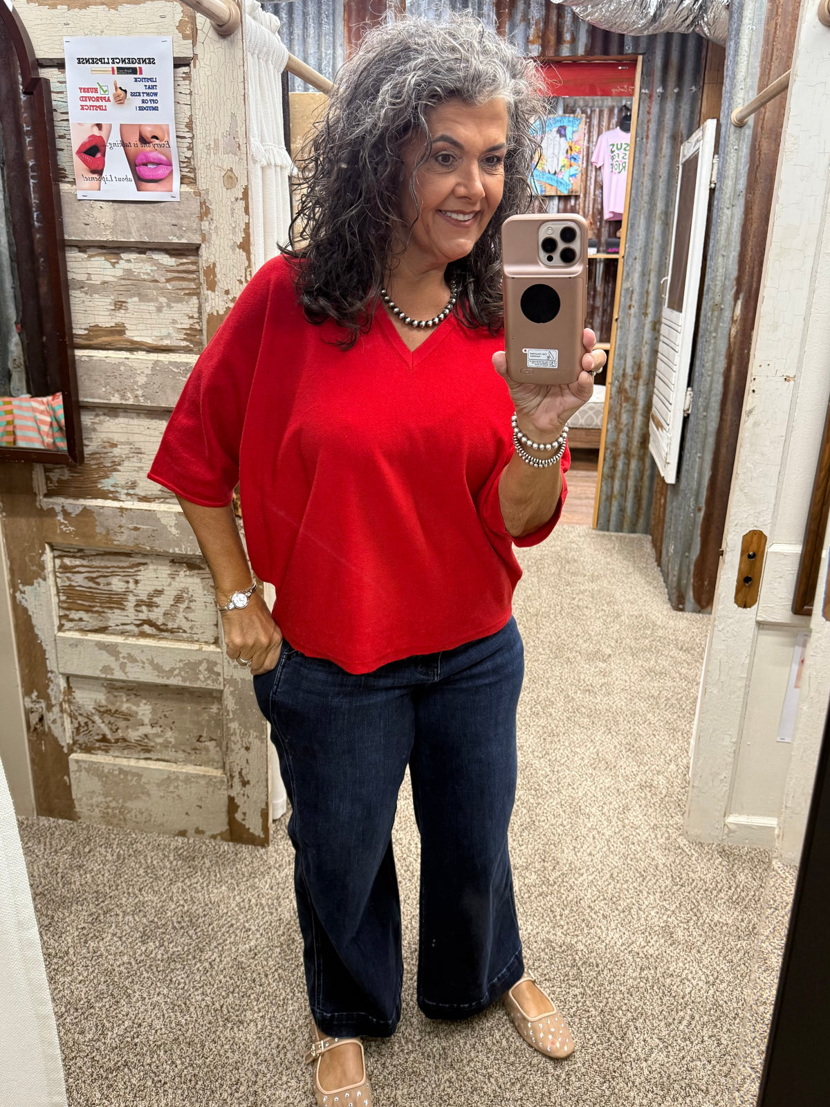 Jodifl Red Drop shoulder v neck lightweight comfy sweater top.