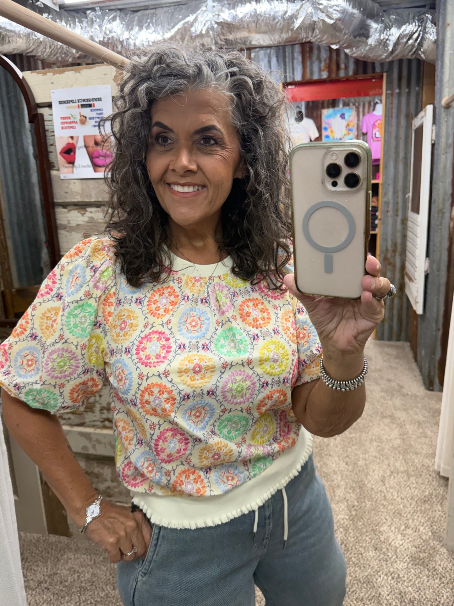Floral Embroidered Print Bubble Sleeve Top