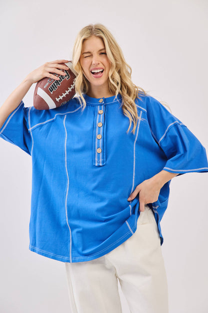 Relaxed Blue Game Day Button Henley Tee