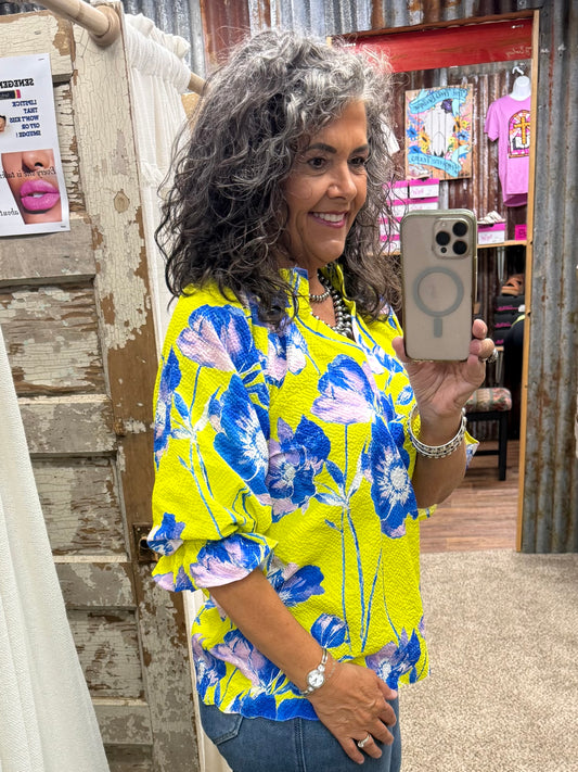 UMGEE Lime Floral Puff Sleeve Top