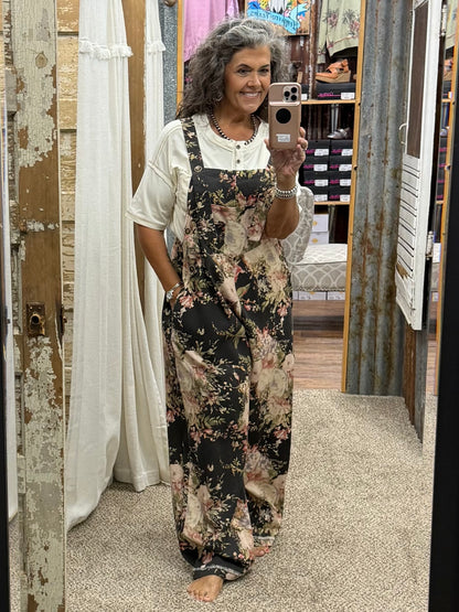 BlueVelvet Floral Print Wide Leg Overalls - Black
