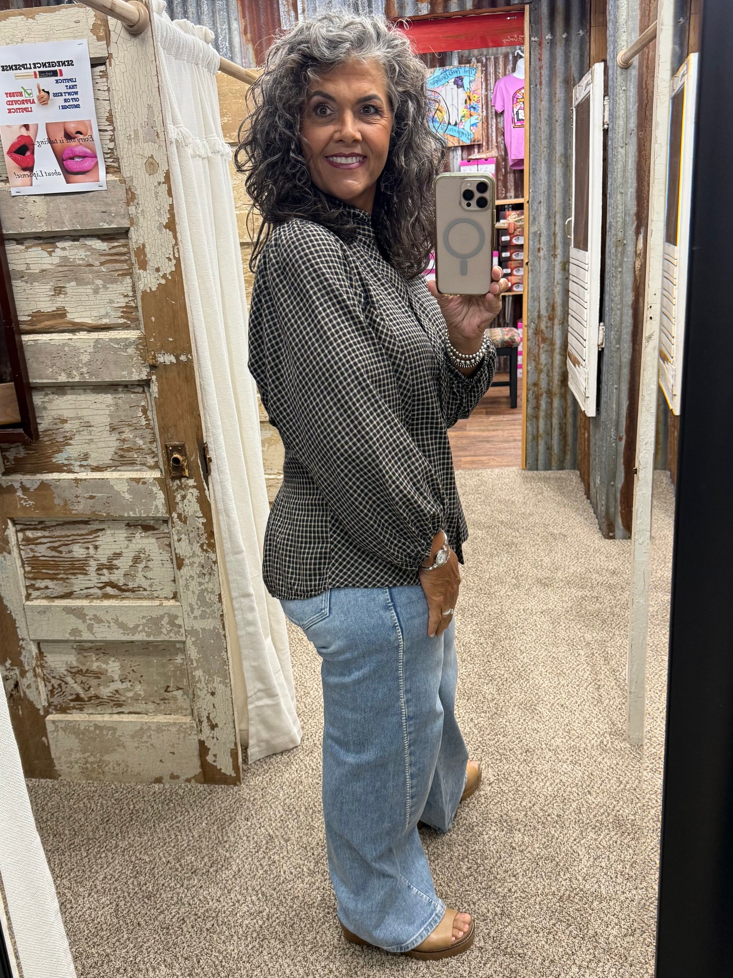 UMGEE Charcoal Grey Plaid Long Sleeve Button Front Shirt